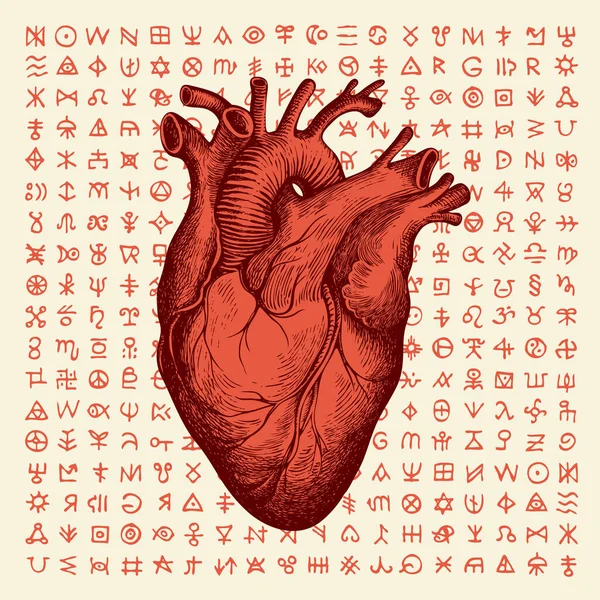 Vector Banner Red Human Heart Magic Runes Old Paper Backdrop — Stock Vector