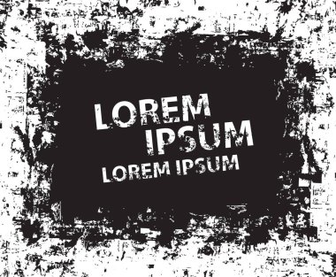 Grunge siyah beyaz arka plan ve metin için yer var. Lekeleri, gürültüsü ve tahılları olan eski, karanlık, kirli beton bir duvar. Lorem ipsum kelimeleriyle soyut kirli çerçeve biçiminde vektör arkaplanı
