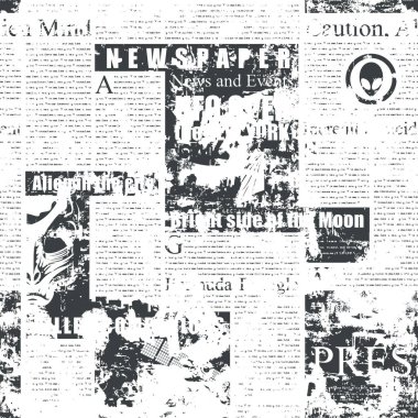 Okunamaz metin, başlık ve çizimlerle eski solmuş bir gazeteyle soyut, pürüzsüz bir kalıp. Grunge biçimi, duvar kağıdı, ambalaj kağıdı veya kumaş gibi tek renkli siyah beyaz vektör arkaplanı