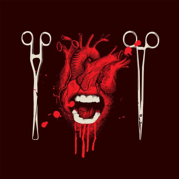 Horror Vector Banner Red Human Heart Drops Blood Surgical Instruments — Stock Vector