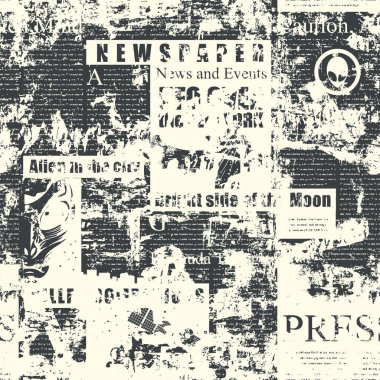 Solmuş okunaksız gazete yazıları, manşetler ve eski bir arkaplandaki illüstrasyonlarla soyut ve pürüzsüz bir düzen. Grunge biçimi, duvar kağıdı, ambalaj kağıdı veya kumaş gibi tek renkli vektör arkaplanı