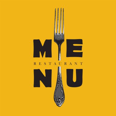 Sarı arka planda güzel bir antika çatalla dekore edilmiş bir restoran için vektör menü şablonu.