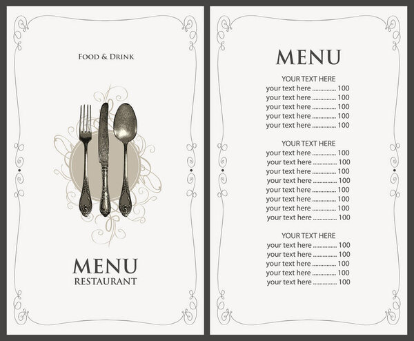 Vector menu for a restaurant with price list in retro style. Food and drink menu template decorated with an old beautiful realistic cutlery and inscriptions in a frame with curls on a light background