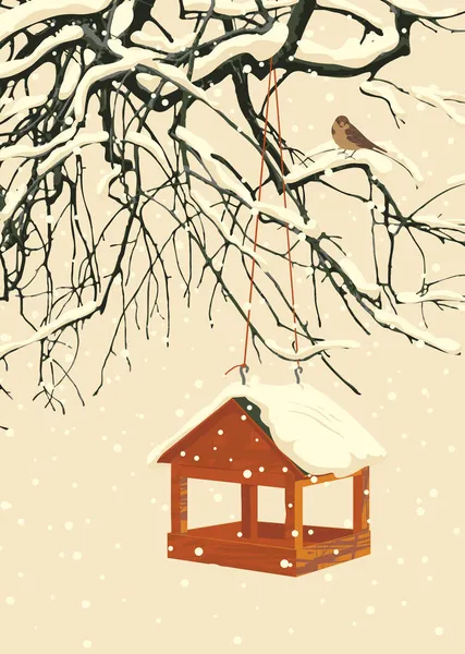 雪に覆われた木の枝 鳥の餌場 そして明るいベージュの空を背景にした小さな凍結した雀を持つ美しい冬の風景 雪のベクトル図レトロなスタイル — ストックベクタ
