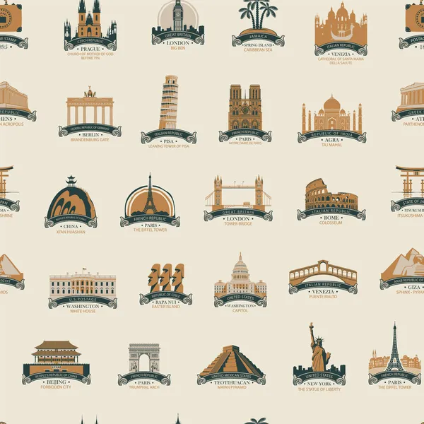 Vector Seamless Pattern Icons World Sights Old Paper Backdrop Retro — Stock Vector