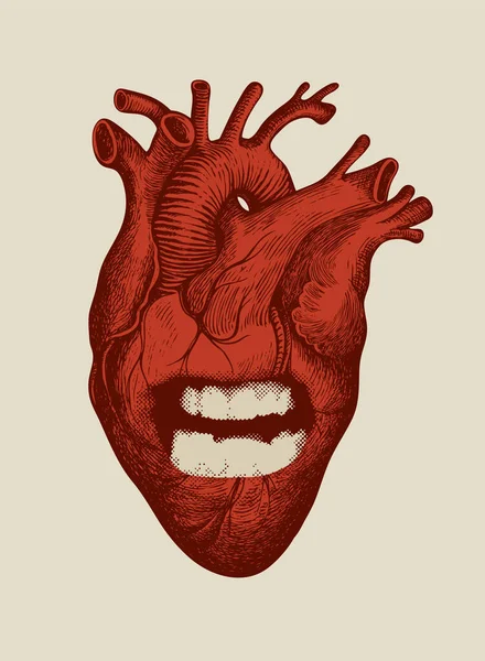 Vector Banner Μια Κόκκινη Ανθρώπινη Καρδιά Ένα Ουρλιάζοντας Βρυχηθμό Στόμα — Διανυσματικό Αρχείο