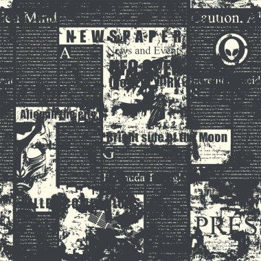 Okuyamadığı gazete yazılarıyla, manşetleriyle ve grunge tarzında siyah bir arkaplan üzerindeki resimleriyle soyut, pürüzsüz bir desen. Eski monokrom vektör arkaplanı. Duvar kağıdı, ambalaj kağıdı veya kumaş tasarımı