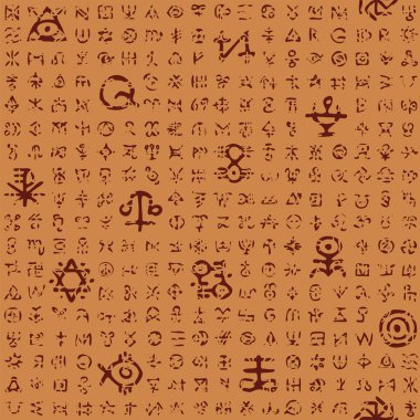 Sihirli rünleri ve grunge tarzında ezoterik işaretleri olan kusursuz bir model. Esrarengiz, esrarengiz sembolleri olan soyut monokrom arkaplan. Duvar kağıdı, ambalaj kağıdı veya kumaş