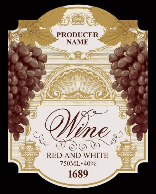 Gerçekçi üzüm demetleri, el yapımı deniz kabuğu ve figür çerçeveli yazmaları olan şarap etiketi. Klasik stil ile süslü barok etiketi, etiketi veya çıkartması