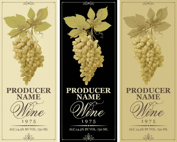 Conjunto Rótulos Verticais Vinho Com Cachos Realistas Uvas Brancas Inscrições — Vetor de Stock