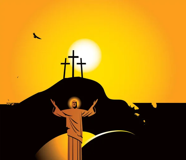 Bandera Pascua Con Jesucristo Resucitado Fondo Una Colina Con Tres — Vector de stock