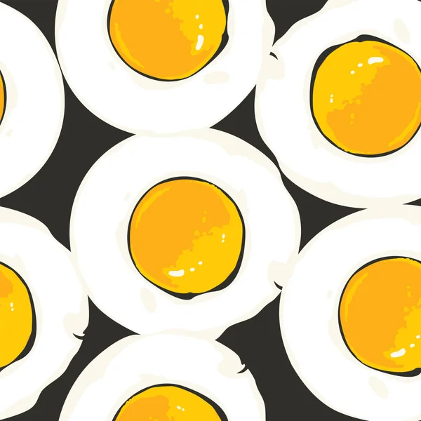早上早餐无缝模式与炒蛋在黑色背景 病媒背景与美味的炒蛋卡通风格 适用于墙纸 包装纸或织物设计 — 图库矢量图片
