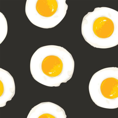 Sabah kahvaltısı kusursuz ve çizgi film tarzında leziz sahanda yumurta. Arka planda bir sürü çırpılmış yumurta olan vektör arkaplan. Duvar kağıdı, ambalaj kağıdı, kumaş tasarımı için uygun