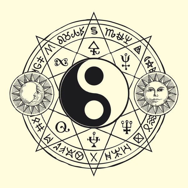 Vecteur Yin Yang Noir Blanc Symbole Avec Des Symboles Magiques — Image vectorielle