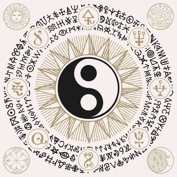 Vector Yin Yang Símbolo Con Signos Mágicos Runas Escritas Círculo — Archivo Imágenes Vectoriales