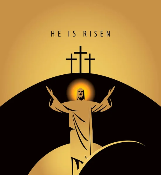 Velikonoční Prapor Vzkříšeným Ježíšem Kristem Svatozáří Rozpřaženýma Rukama Pozadí Kopce — Stockový vektor