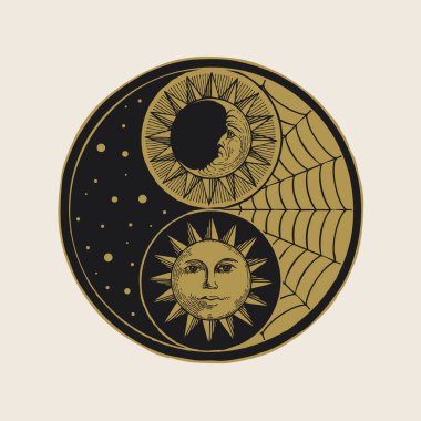 Güneş, ay, yıldızlar ve bronz renkli örümcek ağı olan vektör yin yang sembolü. İnsan yüzlü, el yapımı ay ve güneş, gece gündüz. Ahenk işareti, denge, feng shui, zen, yoga