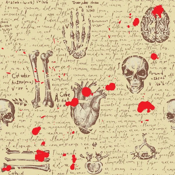 Zökkenőmentes Minta Kézzel Rajzolt Emberi Koponyákkal Csontokkal Szervekkel Egy Régi — Stock Vector