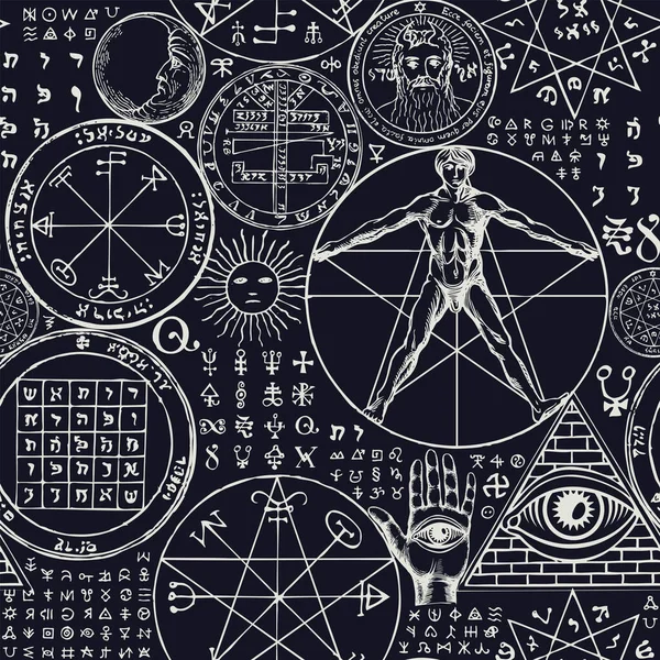 Abstrakcyjny Bezszwowy Wzór Ręcznie Rysowanego Człowieka Vitruvian Pentagram Wszystko Widząc — Wektor stockowy