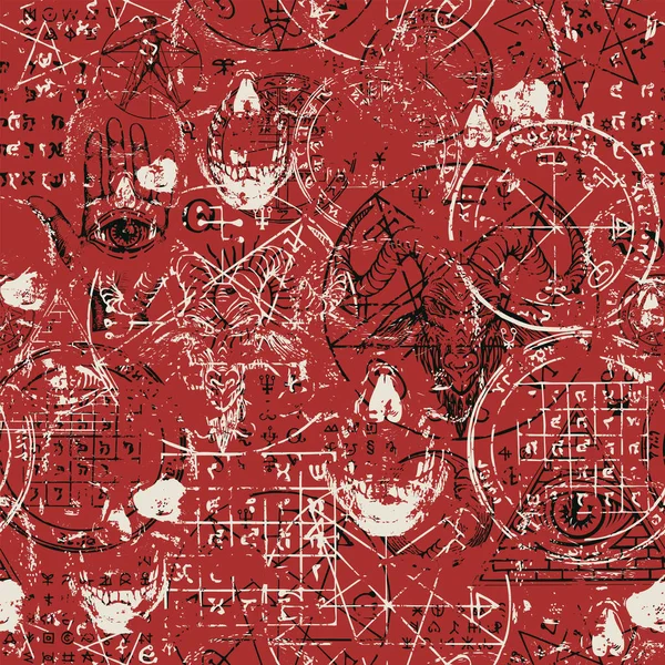 Abstract Seamless Pattern Sinister Goat Head Human Skulls All Seeing — 图库矢量图片