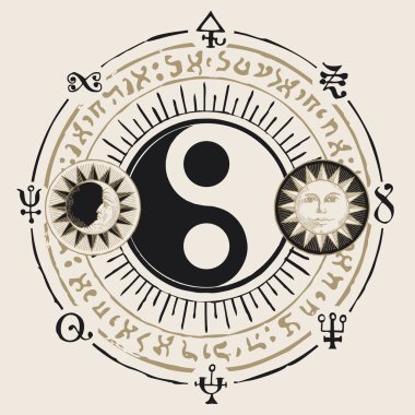 Güneş, ay ve sihirli işaretli vektör yin-yang sembolü eski bir kağıtta daire şeklinde yazılmış. Mistik denge işareti, ahenk, eng Shui, Zen, yoga, birlik ve karşıtlık, Cuma ve gece