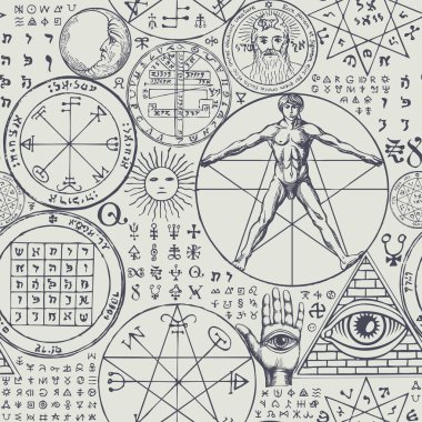 Elle çizilmiş vitruvian bir adam, her şeyi gören göz, güneş, ay, beş köşeli yıldız, hamsa, mistik ve esrarengiz sembollerin olduğu soyut bir şekil. Retro biçiminde tek renkli vektör arkaplanı