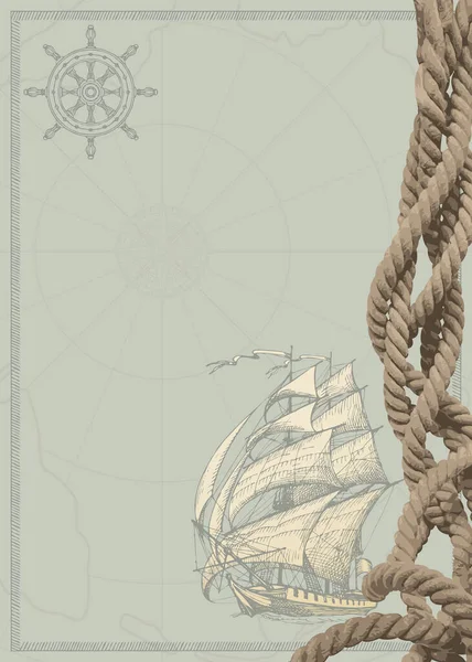 Vektorhintergrund Mit Verdrehtem Seil Handgezeichnetem Segelschiff Lenkrad Und Platz Für — Stockvektor