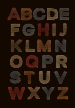 Çizgili desenli İngiliz alfabesinin büyük harfi. Siyah bir arkaplanda eski tarz büyük harflerle yazılmış bir vektör seti. Şık ve modaya uygun yazı tipi tasarımı