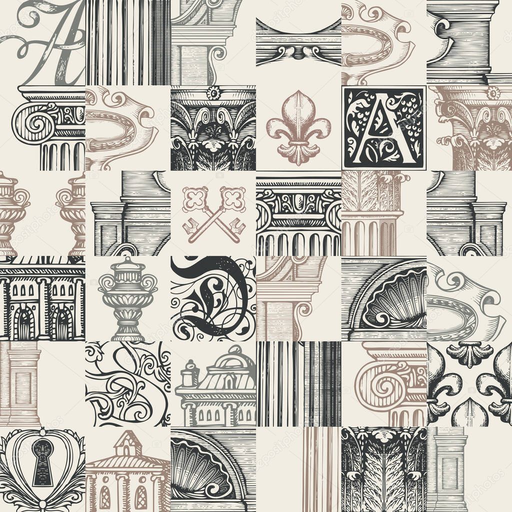 Abstract seamless pattern on theme of ancient architecture and art. Hand-drawn vector background in vintage style with architectural fragments. Suitable for wallpaper, wrapping paper or fabric design
