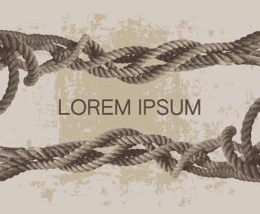 Lorem ipsum kelimeleriyle vektör arkaplan, yazı için bir yer ve grunge bej bir arka planda birbirine dolanmış eski güçlü bir ip. Pankart, etiket, kart, kartvizit, sertifika, diploma için uygun