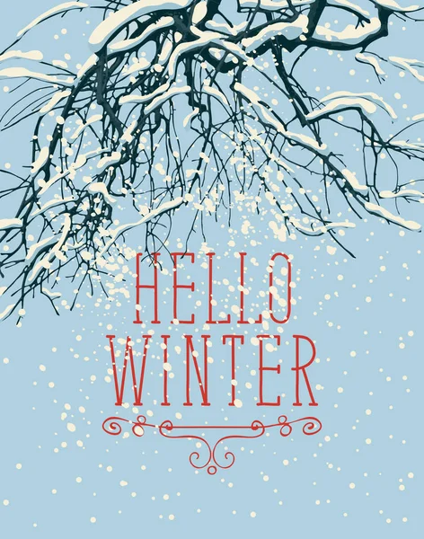 Winter Banner Inscription Hello Winter Realistic Snow Covered Branches Tree — Vetor de Stock
