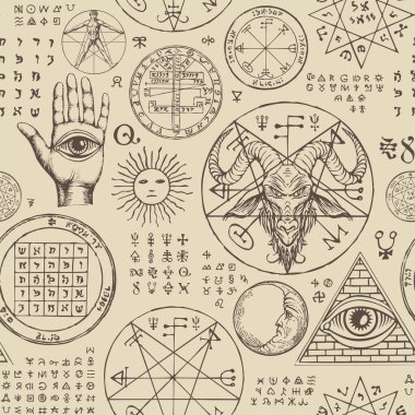 El çizimi her şeyi gören göz, keçi kafası, güneş, ay, vitruvian adam, okült ve esrarengiz semboller bej bir arka planda. Retro biçiminde tek renkli vektör arkaplanı