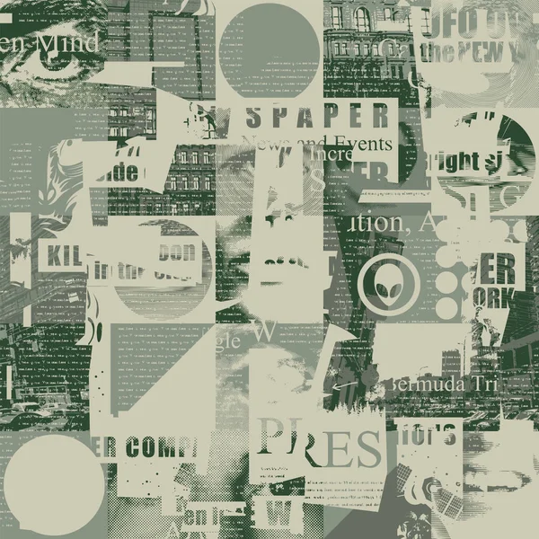Abstract Seamless Pattern Chaotic Layering Newspaper Text Illustrations Headlines Grunge — стоковый вектор