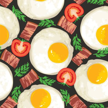Yağda yumurta, domuz pastırması, domates ve dereotlu kusursuz desen. Kahvaltı için ağız sulandırıcı yumurtalarla siyah bir zeminde vektör arkaplan. Duvar kağıdı, ambalaj kağıdı, kumaş tasarımı için uygun