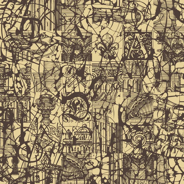 Абстрактний Безшовний Візерунок Намальованими Вручну Архітектурними Фрагментами Хаотичними Писарями Стилі — стоковий вектор