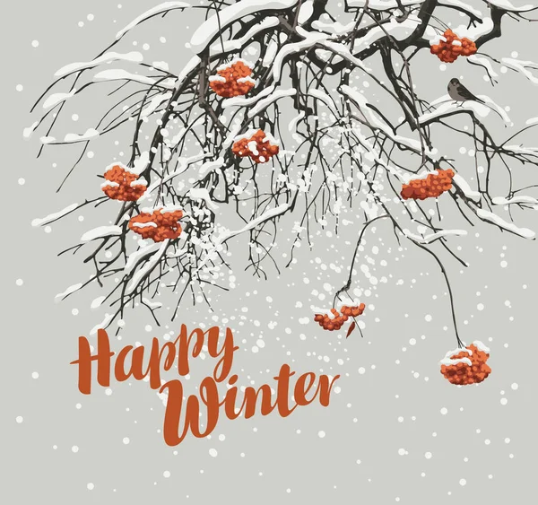 Beautiful Winter Landscape Inscription Happy Winter Snow Covered Branches Red — Stock Vector
