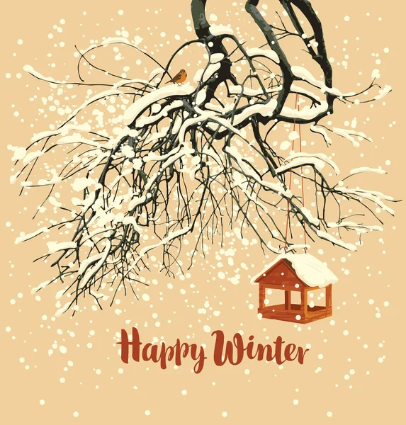 Gyönyörű Téli Táj Felirattal Boldog Telet Hófákkal Borított Faágak Madáretető — Stock Vector