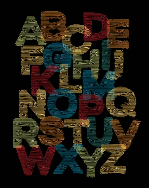 色彩斑斓的大写字母的英文字母 带有不均匀的条纹纹理 模仿木头 在黑色背景上的一组明亮的大写字母 风格时尚的字体设计 — 图库矢量图片