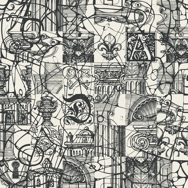 Абстрактний Безшовний Візерунок Намальованими Вручну Архітектурними Фрагментами Хаотичними Писарями Монохромний — стоковий вектор