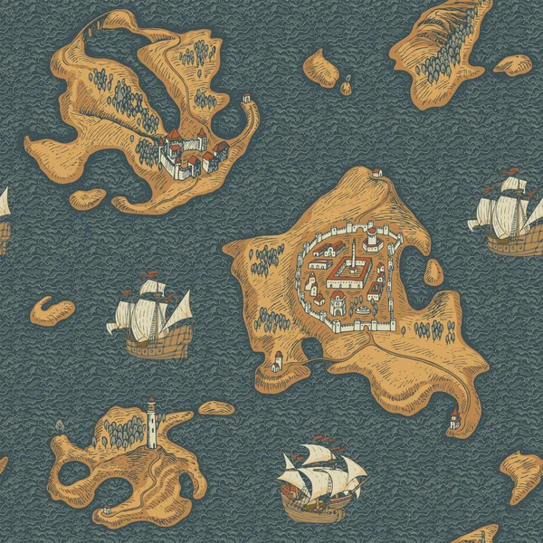 Dekoratives Nahtloses Muster Mit Handgezeichneten Inseln Und Alten Schiffen Auf — Stockvektor
