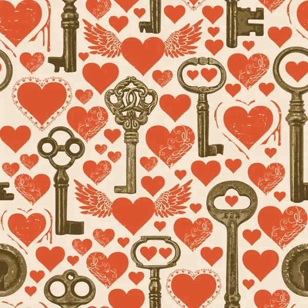 Seamless Pattern Love Theme Red Hearts Old Bronze Keys Repeating — Stock Vector