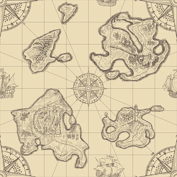 Dekoratives Nahtloses Muster Mit Handgezeichneten Inseln Segelschiffen Und Windrosen Auf — Stockvektor