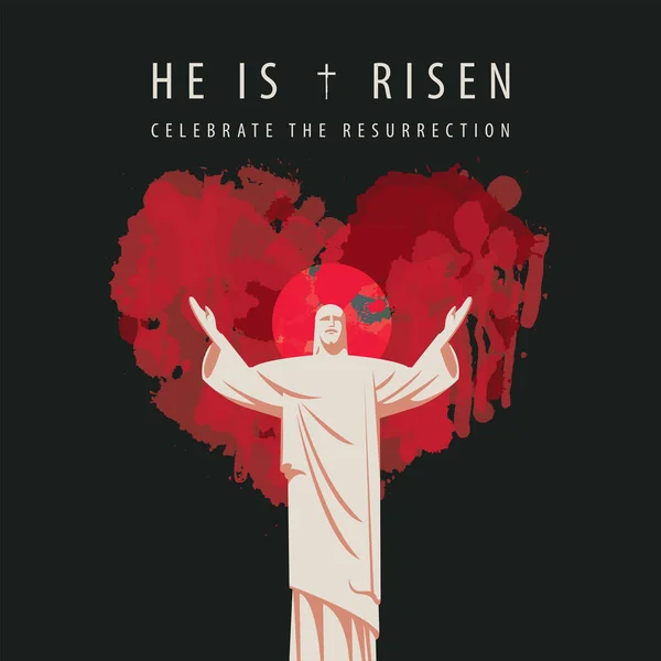 Velikonoční Pohlednice Vzkříšeným Ježíšem Kristem Nataženýma Rukama Abstraktním Krvavým Srdcem — Stockový vektor