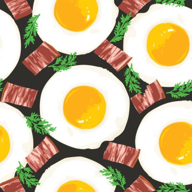 Yağda yumurta, leziz pastırma ve dereotlu kusursuz desen. Ağız sulandırıcı vektör arka plan ve kahvaltı için çırpılmış yumurta. Duvar kağıdı, ambalaj kağıdı, kumaş tasarımı için uygun