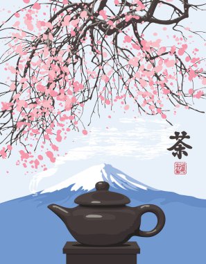 Çiçek açan ağaç dallarının arka planında çaydanlık ve karla kaplı bir dağın tepesinde vektör çizimi. Japon ya da Çin tarzında suluboya bahar manzarası. Hiyeroglif Çayı