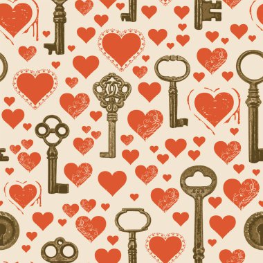 Kırmızı kalpler ve eski bir kağıtta eski bronz anahtarlarla aşk temasında pürüzsüz desen. Sevgililer Günü selamlaması için vektör arkaplanı retro biçiminde tekrarlanıyor. Duvar kağıdı, ambalaj kağıdı veya kumaş tasarımı