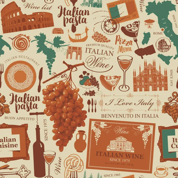 Безшовні Візерунки Тему Італії Італійської Кухні Стилі Ретро Старому Папері — стоковий вектор