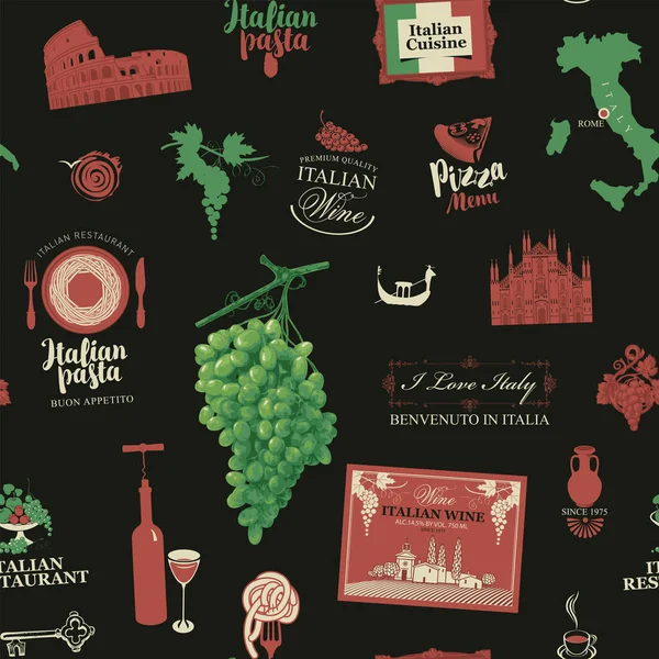 Voyagez Sans Couture Sur Thème Italie Cuisine Italienne Dans Style — Image vectorielle
