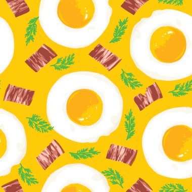 Kızarmış yumurta, iştah açıcı pastırma ve yeşil dereotlu kusursuz desen. Ağız sulandırıcı vektör arka plan ve kahvaltı için çırpılmış yumurta. Duvar kağıdı, ambalaj kağıdı, kumaş için uygun.