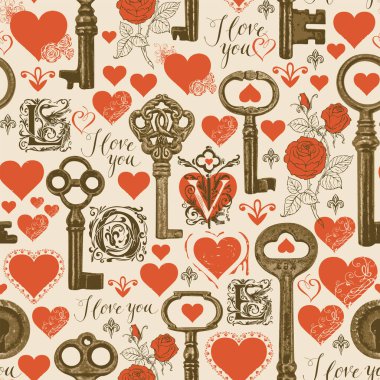 Aşk temasındaki kusursuz desen L O V E, kırmızı kalpler ve bronz vintage anahtarlarla. Sevgililer Günü selamlaması için geçmişe dönük vektör arkaplanı. Duvar kağıdı, ambalaj kağıdı, kumaş tasarımı